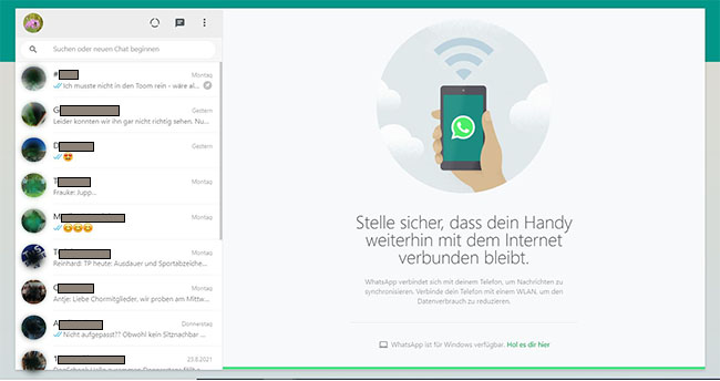 WhatsApp am PC: Screenshot von WhatsApp Web im Browser. Bild/Montage: PC-SPEZIALIST